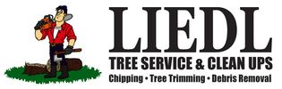 Logo of Liedl Tree Service featuring a lumberjack with a chainsaw.