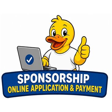 Cartoon duck giving thumbs up with sponsorship online application message.