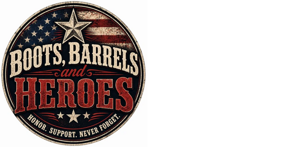 Vintage patriotic emblem honoring heroes with the message "Boots, Barrels and Heroes."