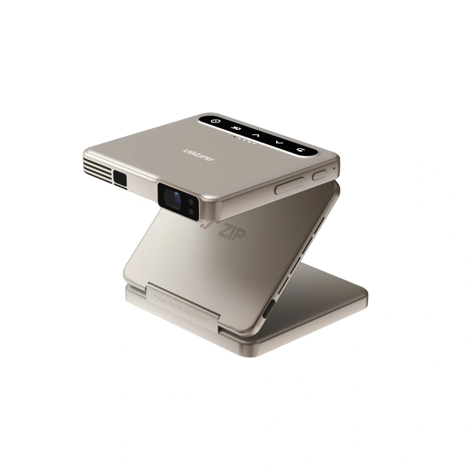 Compact portable projector with foldable stand.