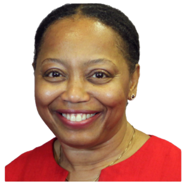 Smiling woman in a red top.