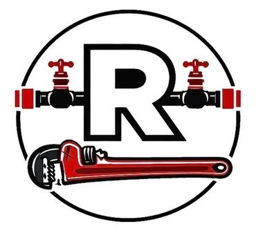 Logo with a large R, two red water taps, and a red pipe wrench inside a circle.