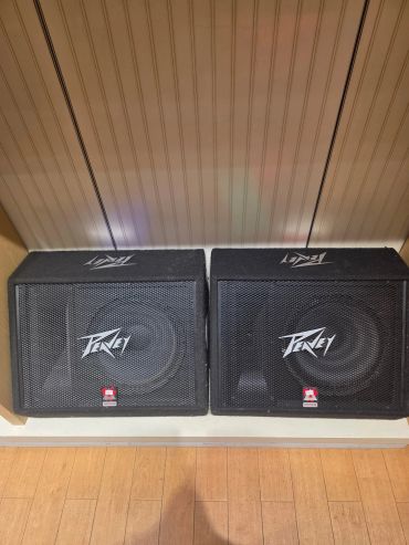 Two Peavey speakers on a wooden floor.
