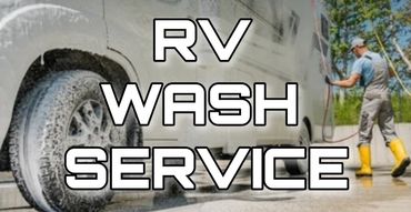 RV wash service advertisement with a worker cleaning an RV.