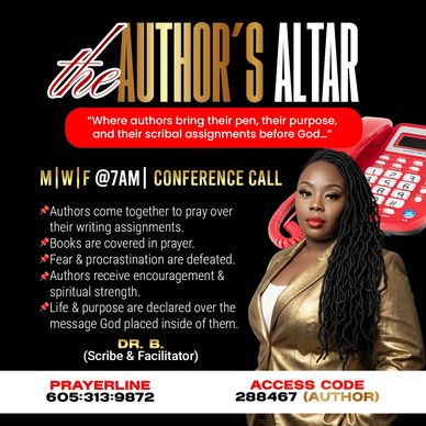 Promotional flyer for The Author's Altar conference call with Dr. B, focusing on prayer for authors.