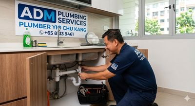 Plumber fixing pipes under a kitchen sink in a residential home.
