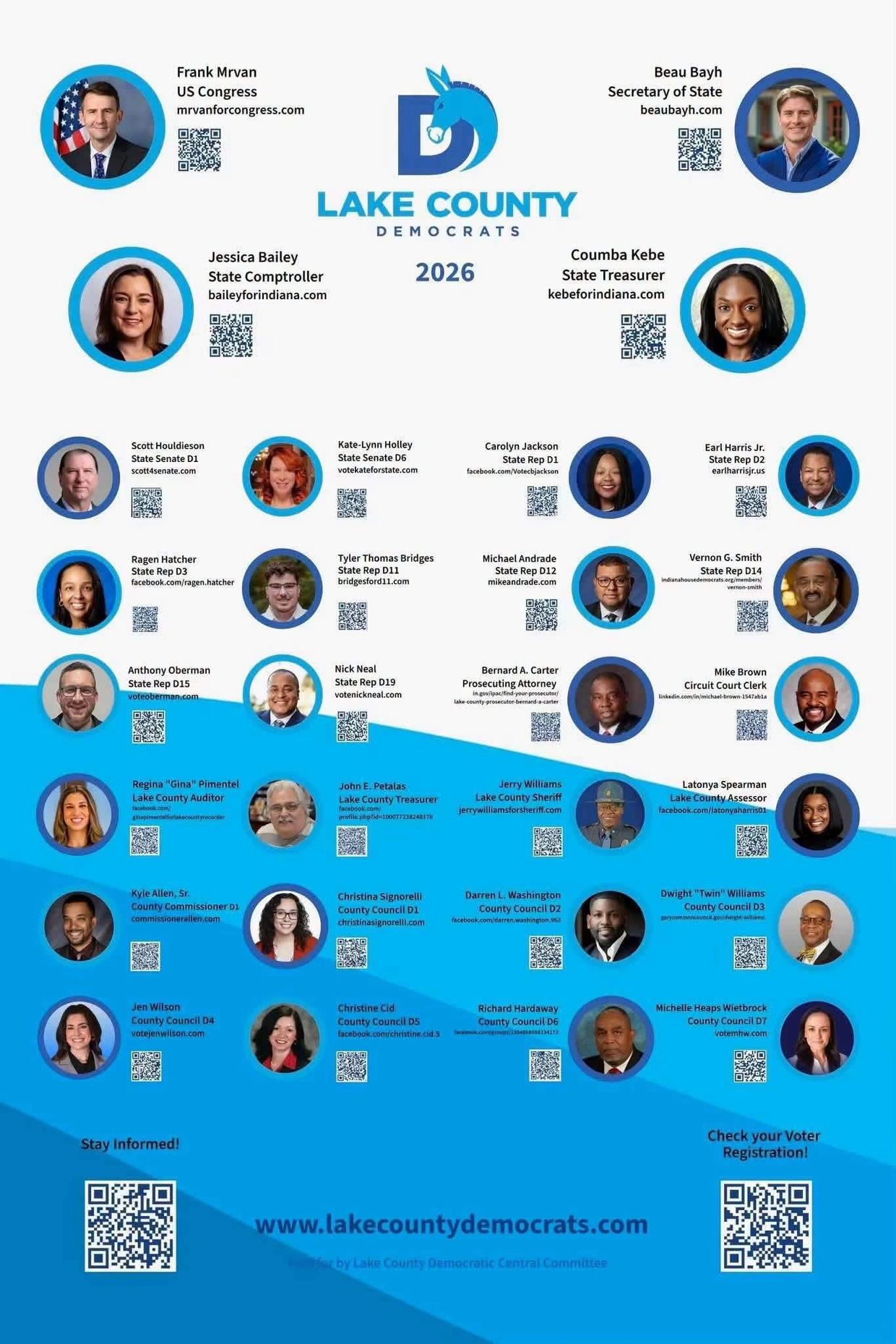 Lake County Democrats 2026 candidates poster with photos, names, and QR codes.