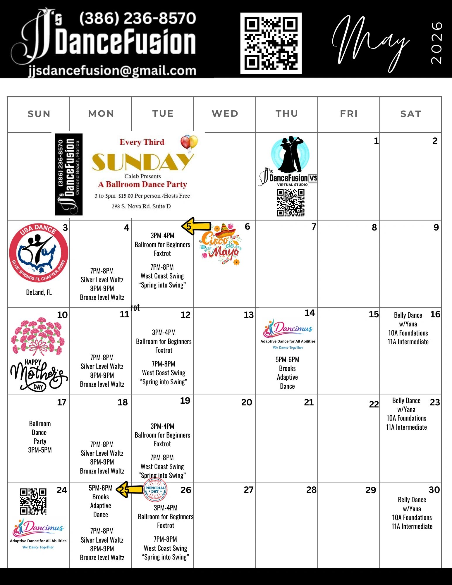 May 2026 dance calendar for JJ's DanceFusion with events like ballroom, swing, adaptive dance, and belly dance classes.