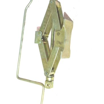 Metal car jack with a handle for lifting vehicles.