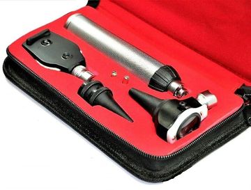 This otoscope set boasts 3X magnification, a bayonet locking system, and extra bright LED lights. To