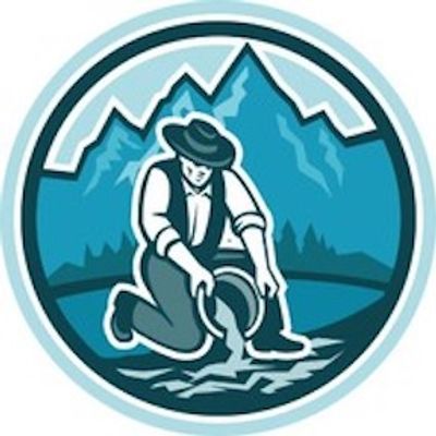 Logo of a prospector panning for gold near mountains.