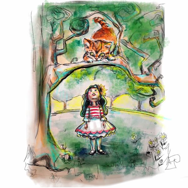 Watercolour Illustration of Alice In Wonderland and the Cheshire cat.  Cherry Bomb Studio.