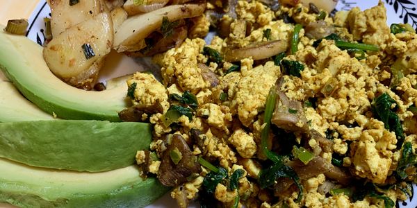 Vegan Tofu Scramble Avocado Yellow Onions
