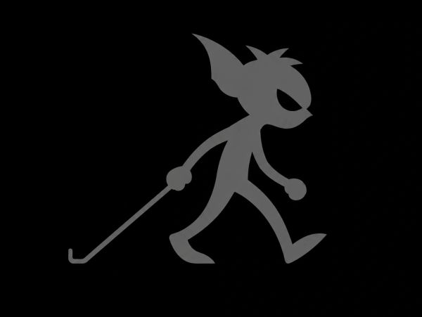 Dark cartoon figure walking with a cane.