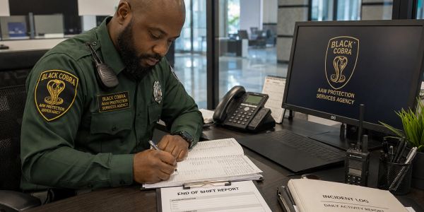 Security officer writing a report at a desk.