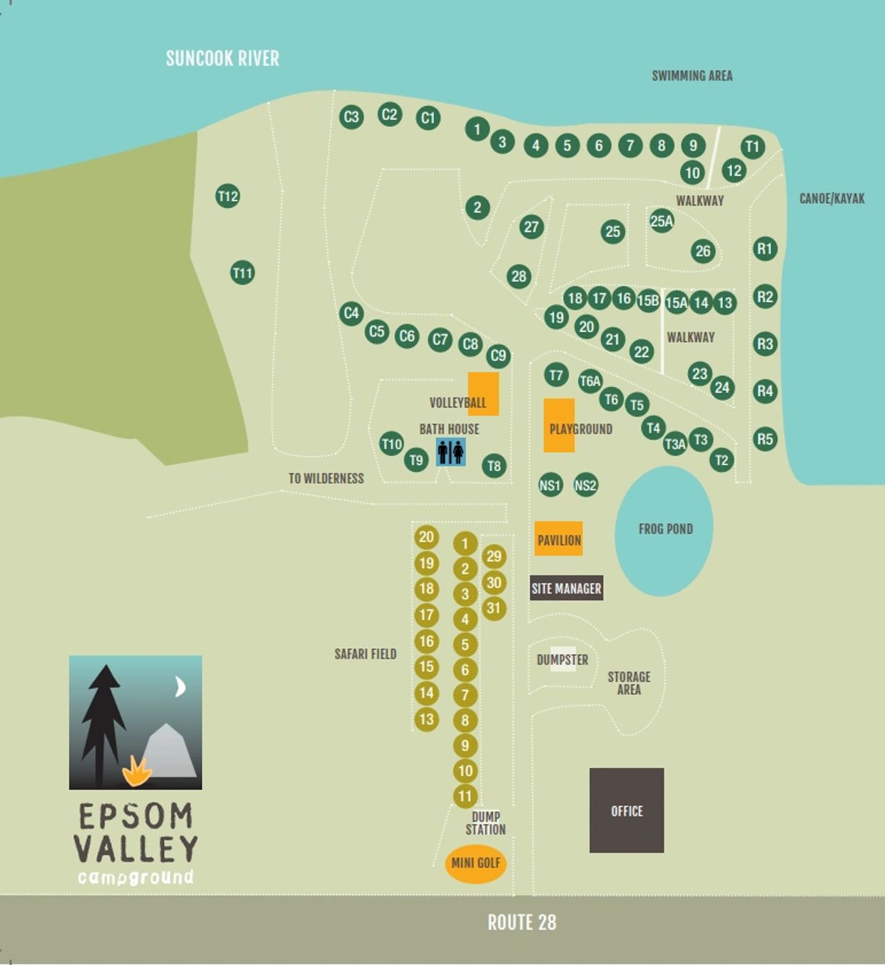 Map of Epsom Valley Campground campsites and amenities.