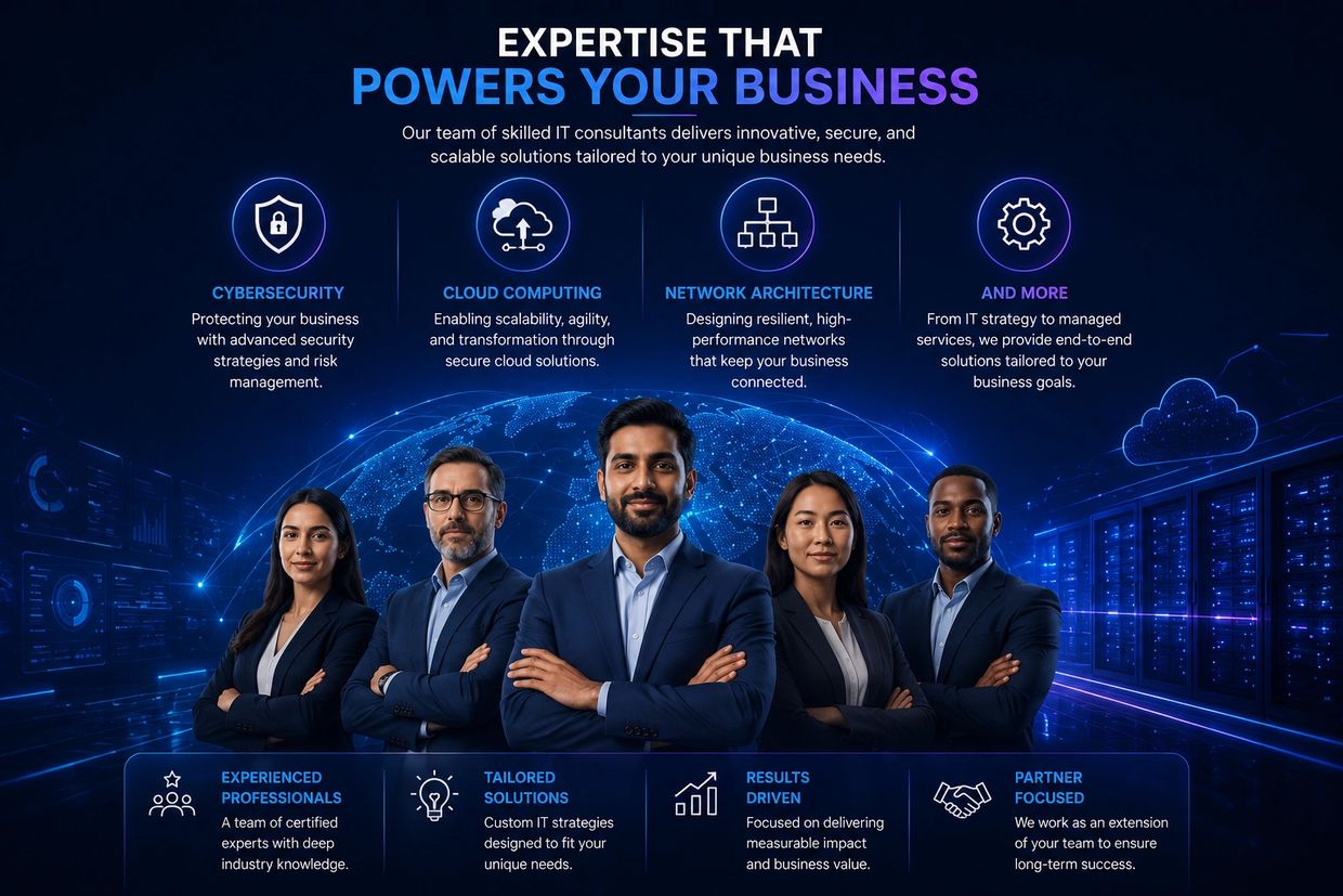 A team of IT experts showcasing cybersecurity, cloud computing, and network solutions to power businesses.