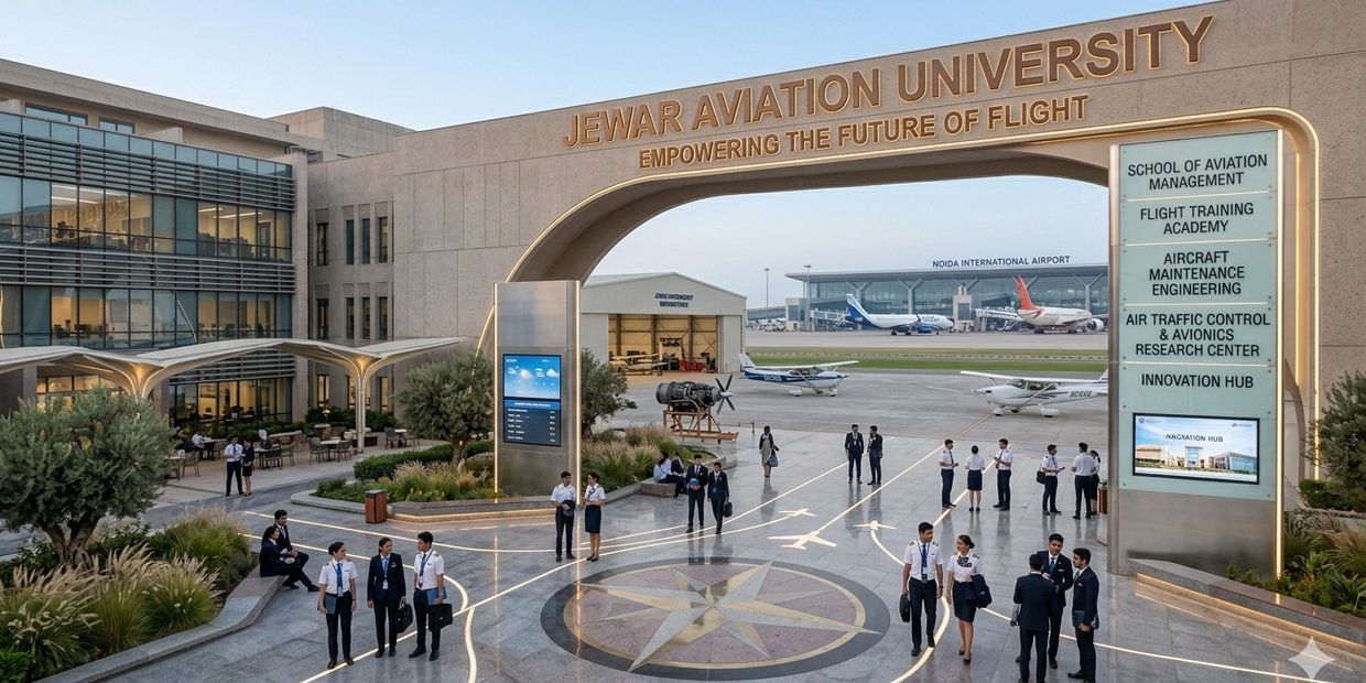 Students gather at Jewar Aviation University with planes and airport in the background.