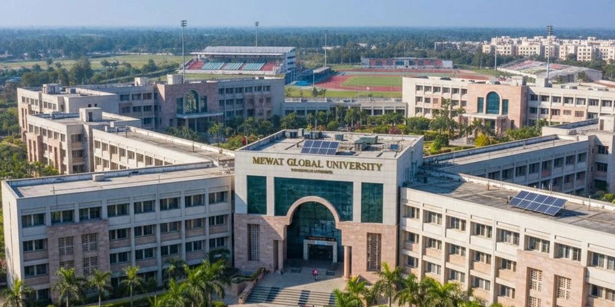 Aerial view of Mewat Global University campus with modern buildings and sports facilities.