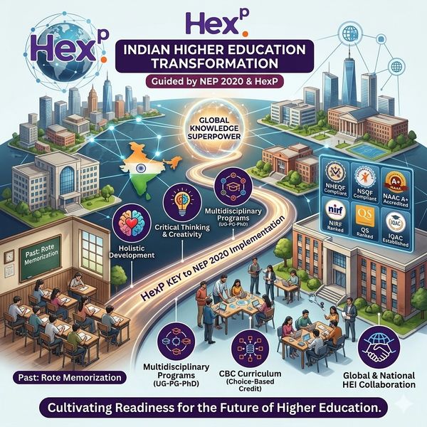 Indian higher education transformation guided by NEP 2020 and HexP for a global knowledge superpower.