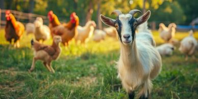 Goat and chickens in a sunny farmyard.