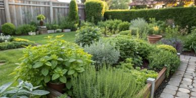 Lush green herb garden in a sunny backyard.