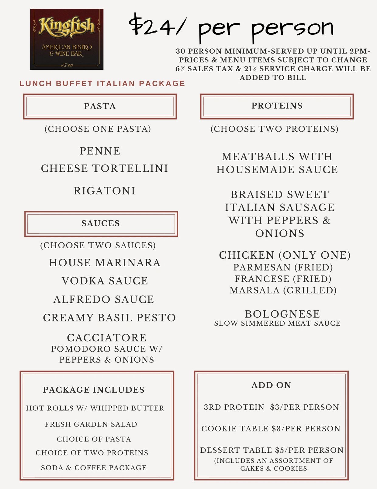 Kingfish Italian lunch buffet package menu for $24 per person.