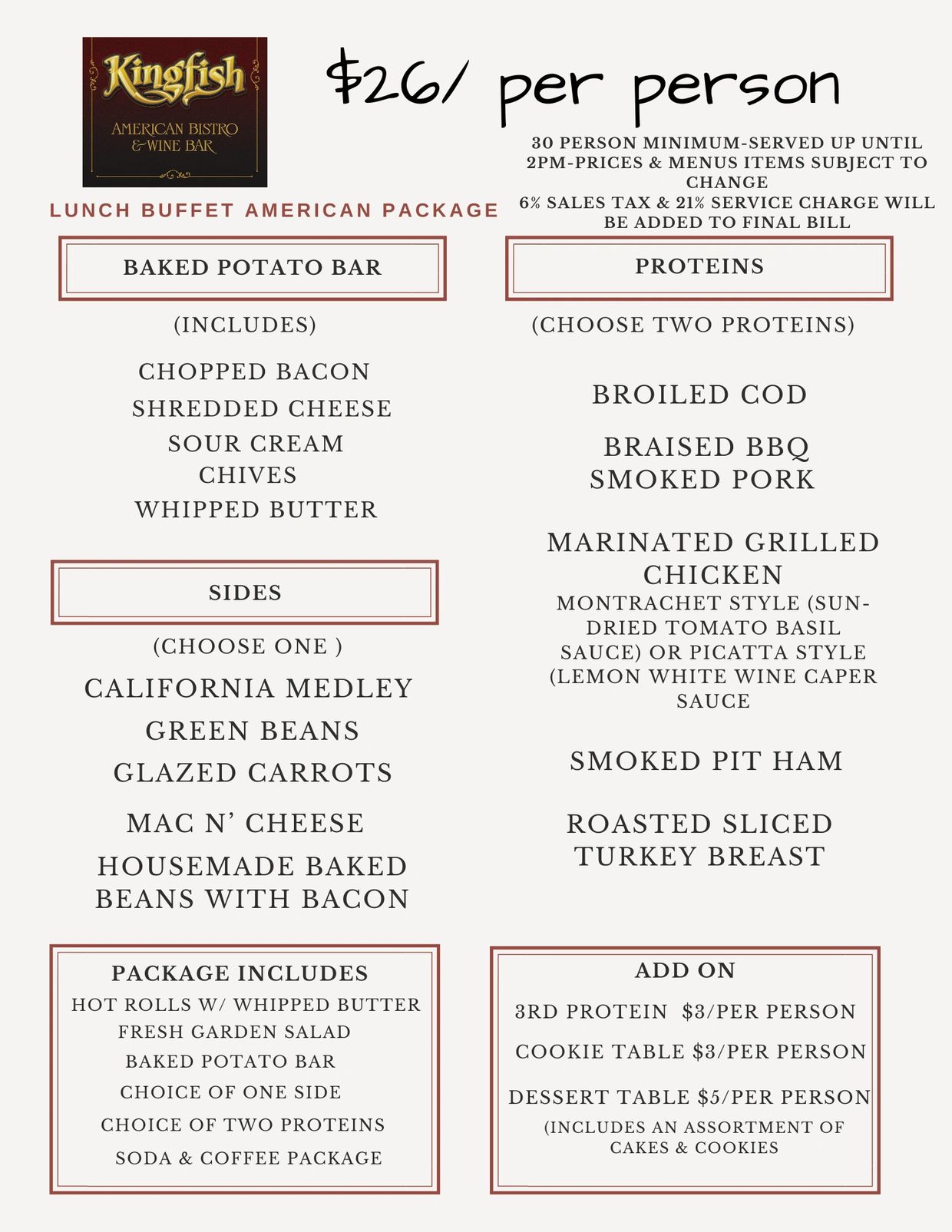 Kingfish American Bistro lunch buffet menu with baked potato bar and protein choices.
