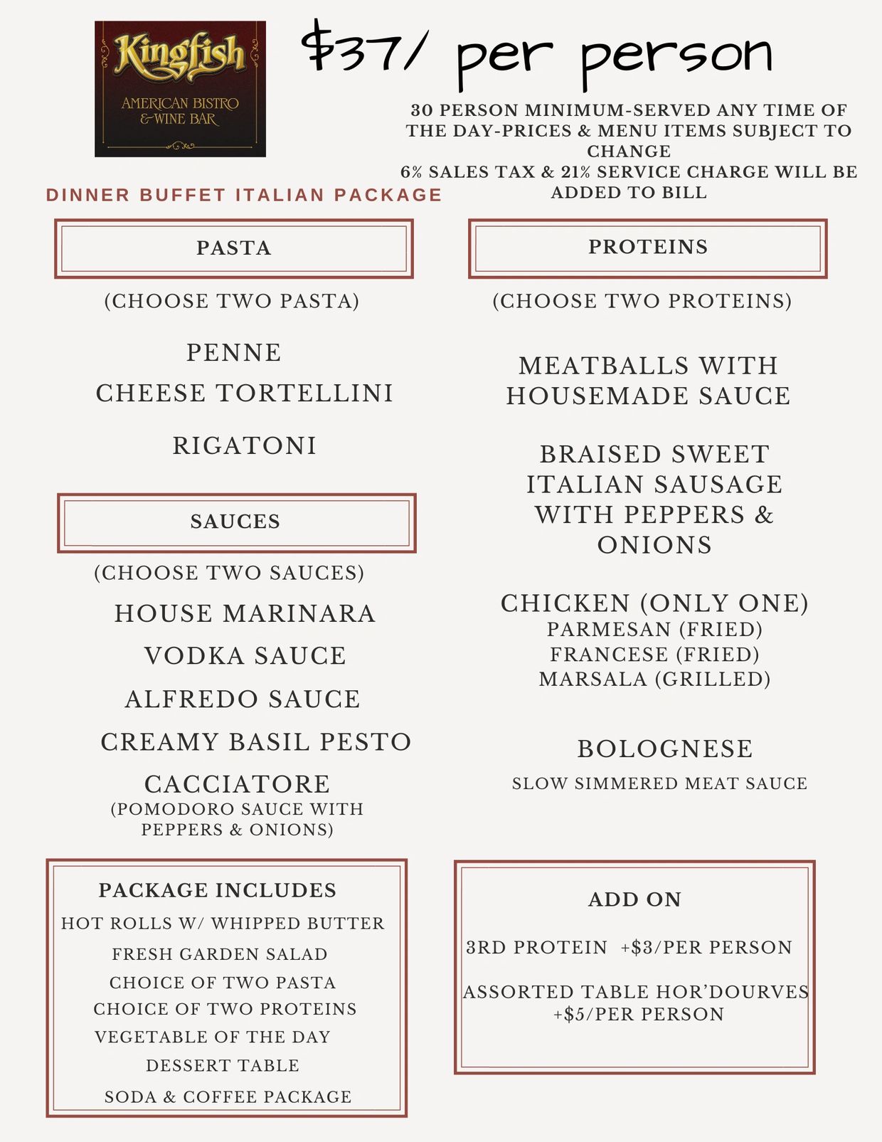 Kingfish Italian dinner buffet package priced at $37 per person with pasta, proteins, sauces, and add-ons.