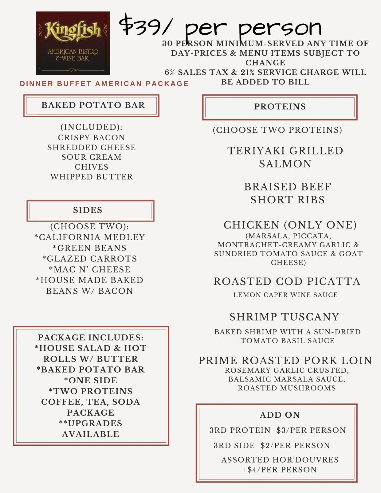 Kingfish American Bistro dinner buffet package with baked potato bar, proteins, sides, and add-ons for $39 per person.
