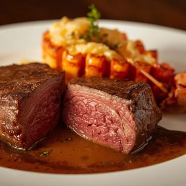 Juicy medium-rare steak served with lobster tail and sauce.