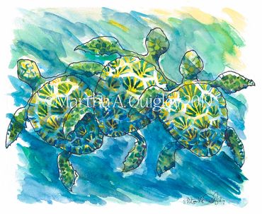 Green Turtles, turtle art, turtles paintings, 3  turtles, turtles prints, 