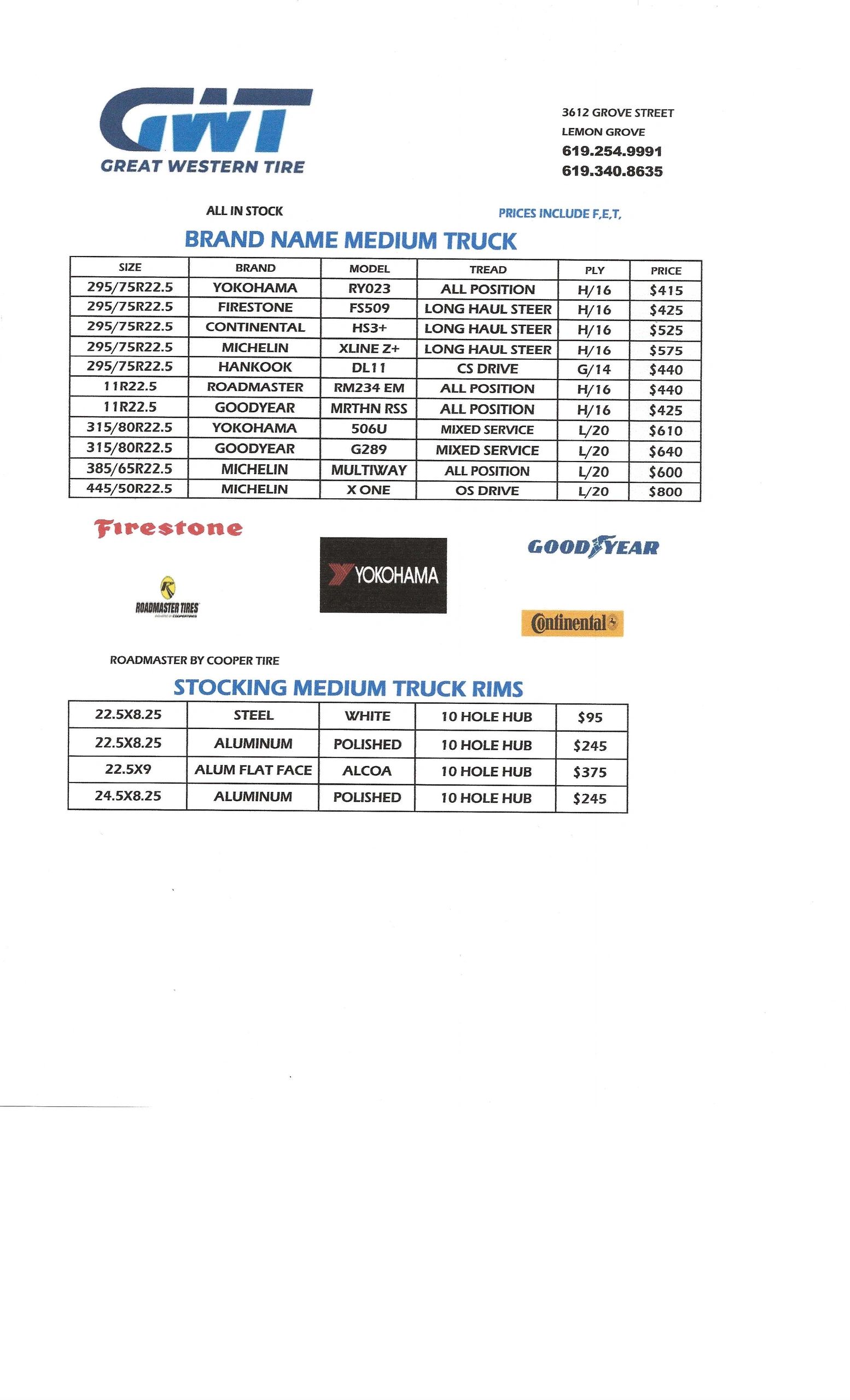 Great Western Tire price list for medium truck tires and rims with brands and contact info.