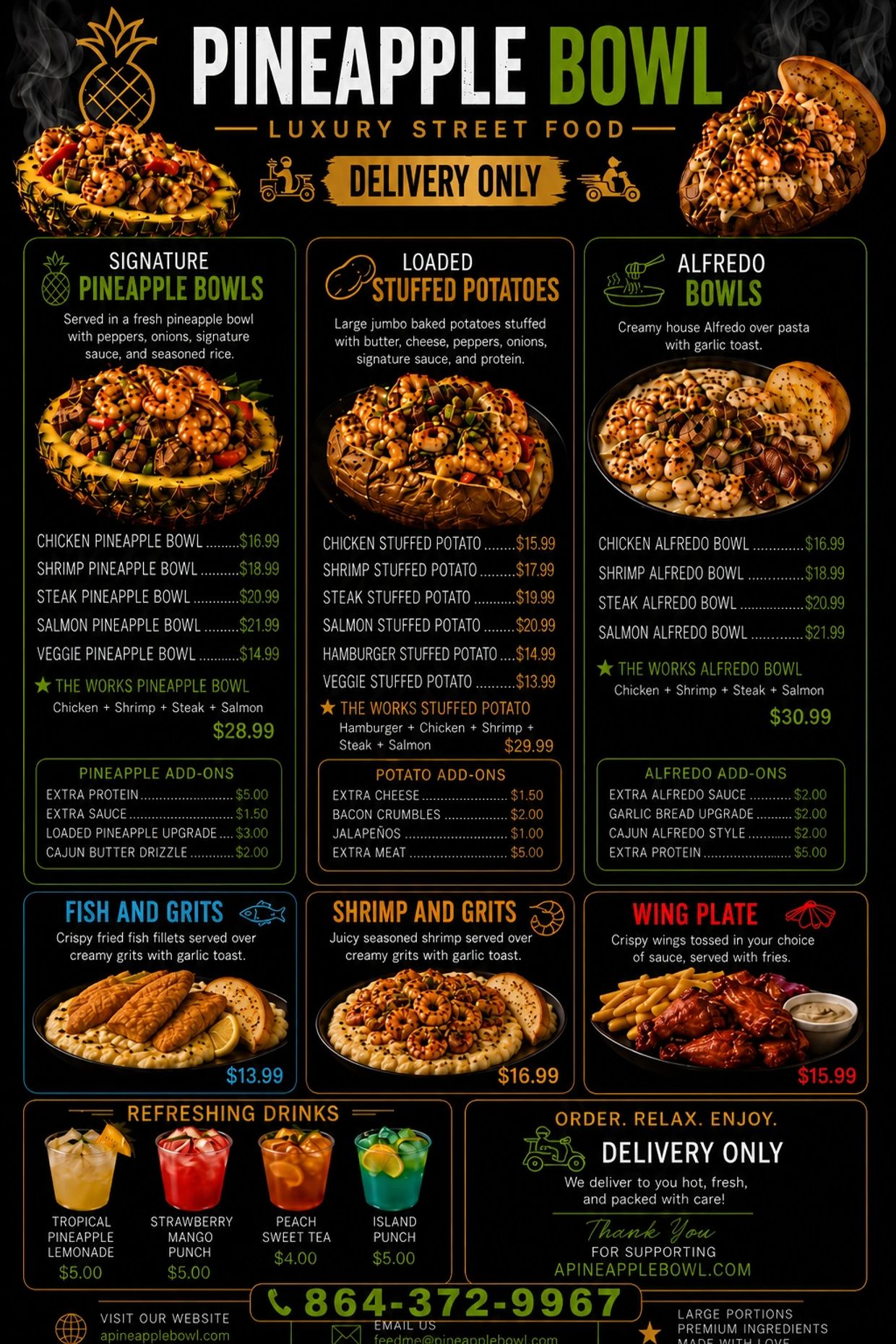 Pineapple Bowl offers luxury street food with signature pineapple bowls, stuffed potatoes, Alfredo bowls, fish, shrimp, wings, and refreshing drinks for delivery.