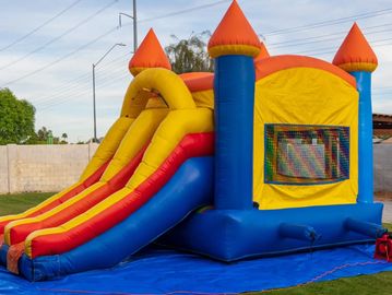 Double water slide inflatable with bounce house for kids, teens and adults.