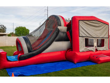 Big red combo water slide and bounce house for kids, teens and adults. 