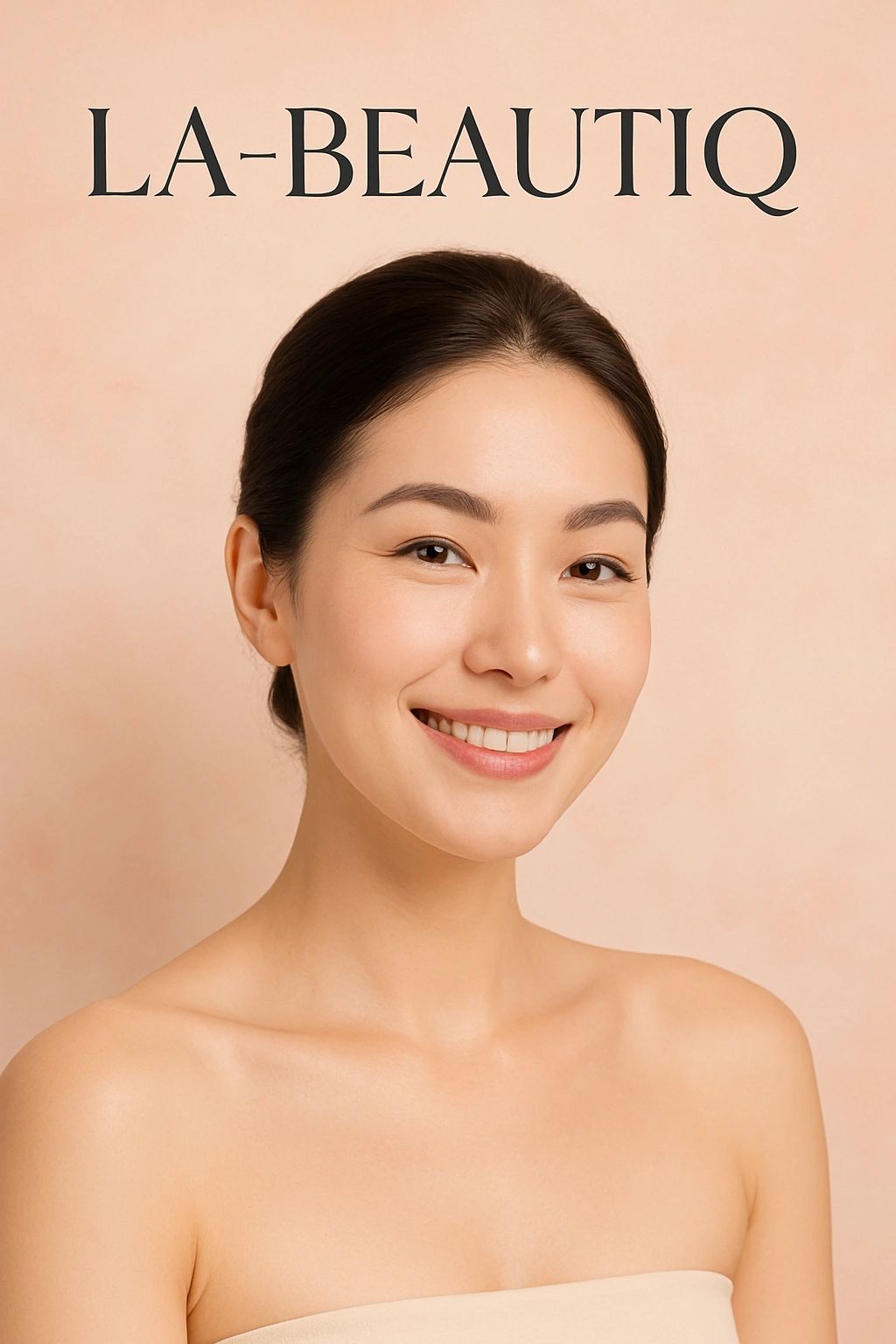 Smiling woman with clear skin under LA-BEAUTIQ text on a peach background.
