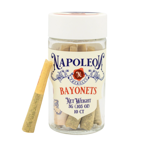 Napoleon Bayonets pre-rolled cannabis joints in a clear jar.