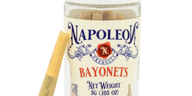 Napoleon Bayonets pre-rolled cannabis joints in a clear jar.