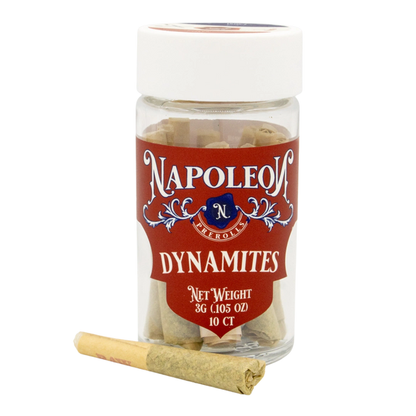 A jar of Napoleon Dynamites pre-rolled full flower infused cannabis preroll.