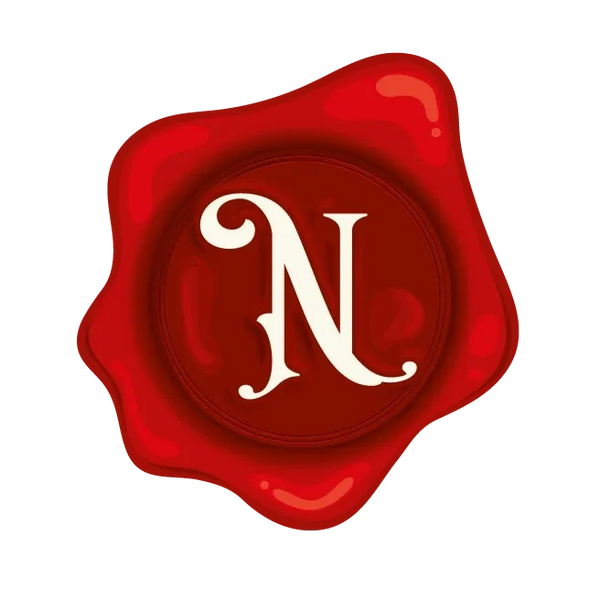 Red wax seal with a decorative letter 'N'.