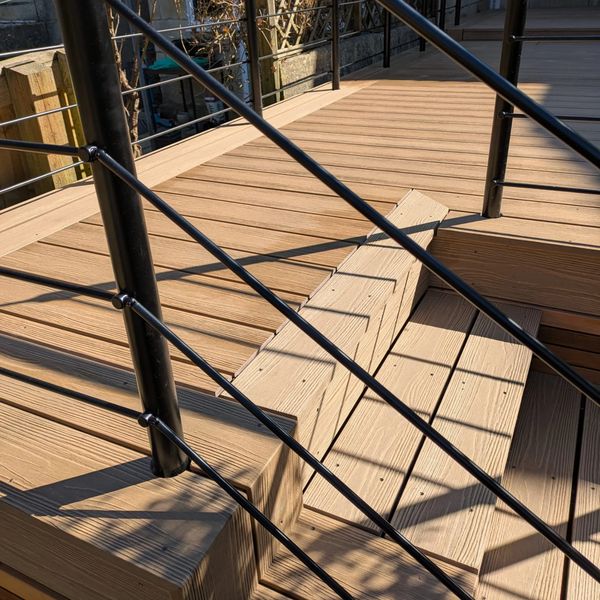 Finished deck stairs and balustrade
