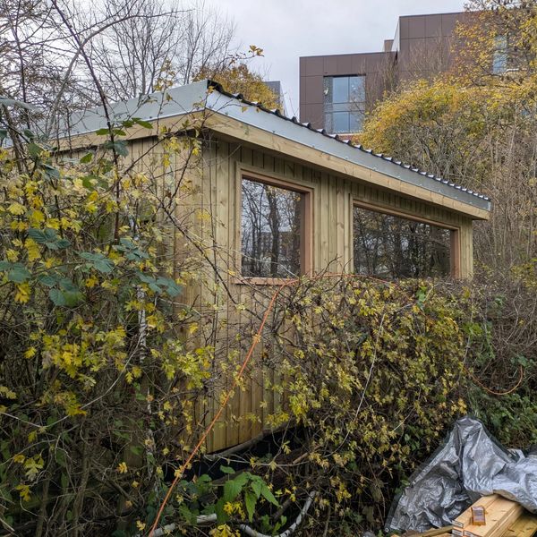Outdoor view of the custom sauna built for Orchard Sauna.