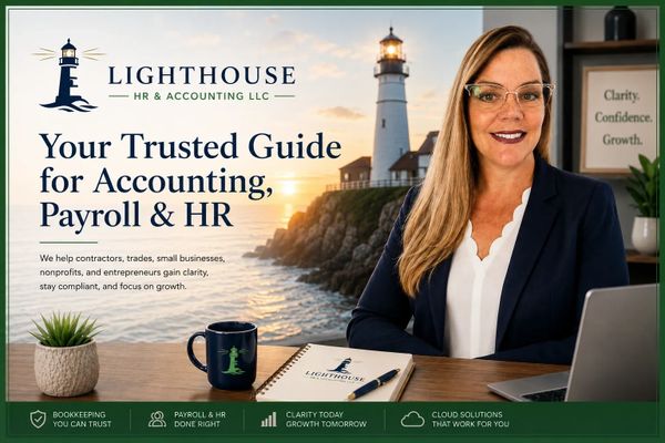 Professional woman promoting Lighthouse HR &amp; Accounting services with a lighthouse backdrop.