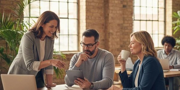 Coworkers collaborating in a bright, modern office with natural light.