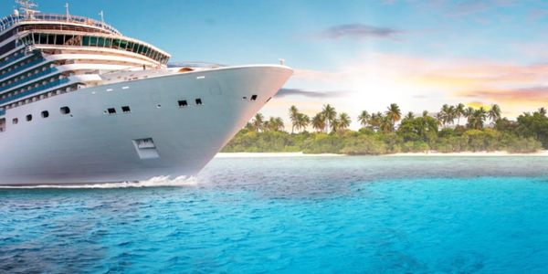 Cruise ship sailing near a tropical island with palm trees at sunset.