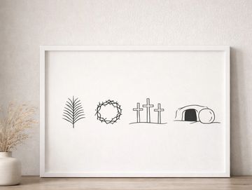 Minimalist framed art depicting key symbols of Easter on a wooden surface.