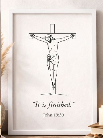 Minimalist crucifixion art with the phrase "It is finished." from John 19:30.