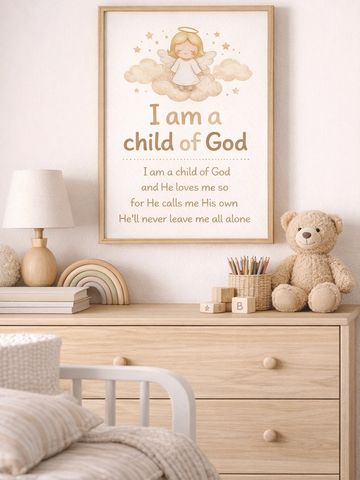 Children's room with a framed inspirational angel quote and soft beige decor.