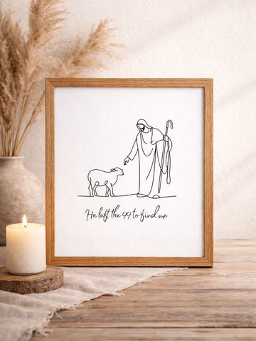 Minimalist line art of a shepherd and sheep with the text: 'He left the 99 to find me.'